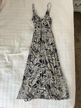 Angie Black and Cream Leaf-Print Maxi Dress